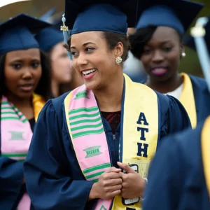 student in graduation regalia smiling but not looking at camera