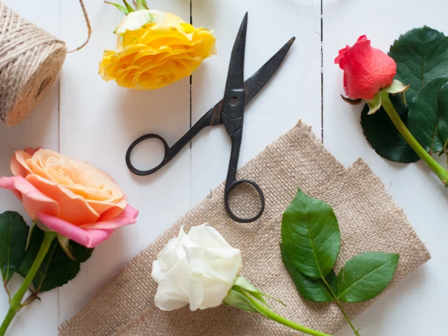 Goodness Gracious INC twine, roses, garden scissors and burlap on a flat surface